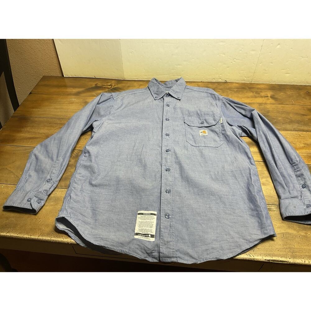 Carhartt Flame Resistant Long Sleeve Twill Button Up Blue Shirt Men’s Size Large
